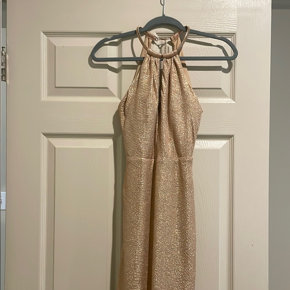 B Darlin Gold Pleated Halter Maxi Gown
